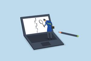 Website visitor tracking, Entrepreneur sleuth employing magnifying glass to trace the guest trail on laptop. vector