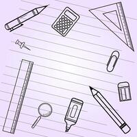 Back to school doodle elements template with typography and line art of stationery icons on note book background. back to school background design vector