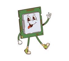 Cartoon groovy computer chip processor character vector
