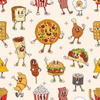 Groovy fast food characters seamless pattern vector