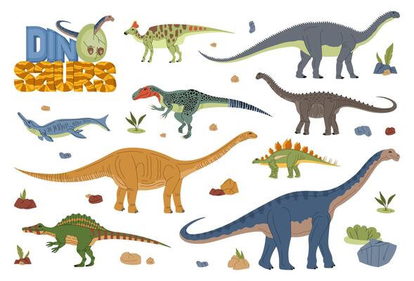 Cartoon dinosaur and baby dino animals characters