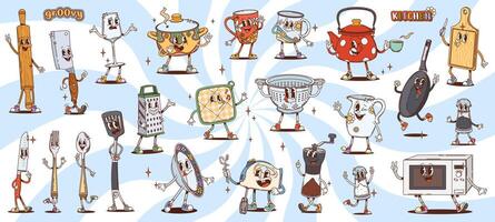Retro groovy kitchenware and utensils characters vector