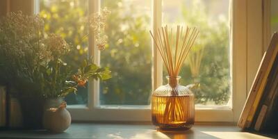 Aroma reed diffuser with rattan sticks on a sunlit windowsill, enhancing home fragrance and minimalist decor in a relaxing atmosphere photo
