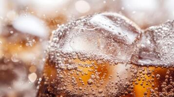 Close-up of cola with ice bubbles and fizzy texture in a glass, perfect for refreshing moments on a hot day photo