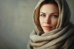 A serene woman wrapped in a luxurious cashmere scarf, bathed in soft light, exudes calmness and grace against a textured backdrop photo