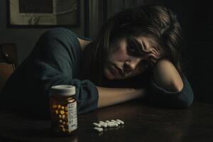 A woman with a distressed expression rests her head on her arm, surrounded by an empty pill bottle and scattered pills on a dark table photo