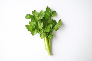 Fresh celery stalks isolated on a white background, showcasing vibrant green leaves and a crisp texture photo