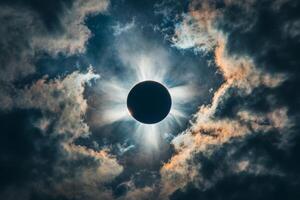 A stunning solar eclipse creates a dramatic halo effect over clouds during a celestial event in the afternoon sky photo
