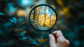 A child explores the wonders of nature through a magnifying glass on a sunny day in the forest photo