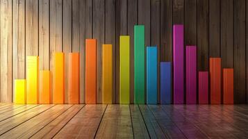 Colorful bar charts on a wooden surface illustrate steady business growth in an office environment photo