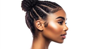 Elegant braided hairstyle highlighting natural beauty in a soft, bright setting capturing a moment of grace and confidence photo