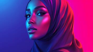 Stunning portrait of a woman wearing a hijab illuminated by vibrant pink and blue hues at twilight in a modern urban setting photo