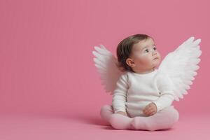 Cute baby dressed as an angel with white wings gazing up against a soft pink background for a Valentine's Day theme photo