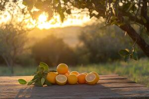 Citrus fruits on a rustic table illuminated by the golden hour sun with a serene tree field backdrop and copious space for text photo