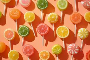 Aerial view of colorful fruity lollipops arranged on a vibrant background, perfect for sweet treats and party decorations photo