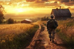 A patriotic soldier returns home at sunset along a winding path surrounded by fields and a rural landscape photo