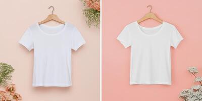 White t-shirts displayed on hangers against soft pastel backgrounds in a studio setting photo