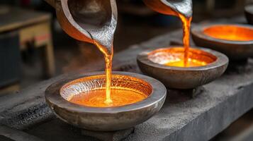 Pouring molten metal into molds at a foundry during the day photo