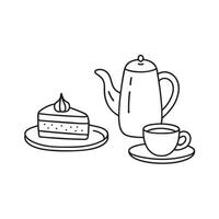 A tea set arranged neatly beside a slice of cake on a dish vector