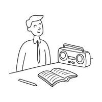 A tape recorder beside a notebook on a journalist table vector