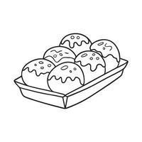 A takoyaki resting on a paper box tray at a food stall vector