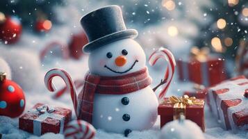 Smiling snowman in top hat and scarf with holiday decorations in a festive Christmas advertisement poster photo