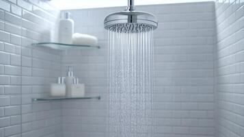 Modern minimalist bathroom with a sleek stainless steel shower head and neatly arranged toiletries glowing in soft lighting photo
