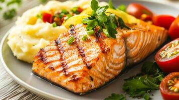 Grilled salmon fillet served atop creamy mashed potatoes with fresh garnishes in an elegant dining setting photo