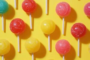 Aerial view of a vibrant lollipop collection featuring colorful fruity candies on a bright yellow background photo