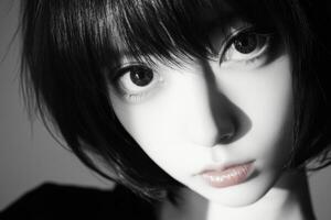 Captivating black and white portrait of a young woman with striking features and distinctive hairstyle photo