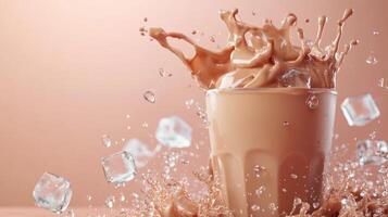 Chocolate milkshake splashing in a glass with ice cubes and droplets creating a dynamic scene of refreshment and indulgence healthy eating concept photo