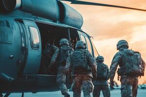 Military personnel disembarking helicopter during evening deployment at a tactical location photo