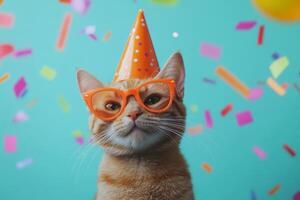 An orange tabby cat celebrates a playful party wearing a party hat and sunglasses with colorful confetti on a bright blue background photo