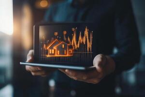 Businessman analyzes digital house model on tablet while showcasing real estate investment growth through rising graphs photo
