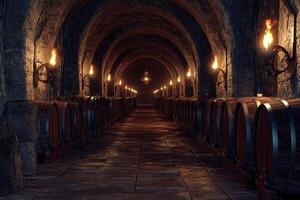 An enchanting royal wine cellar illuminated by torches featuring elegant rows of oak barrels and stone arches, perfect for historical contexts photo