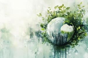 An abstract illustration of the earth showcasing a cityscape surrounded by greenery in a tranquil eco-friendly theme photo