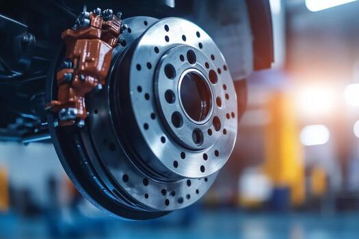 High performance braking system mechanics showcasing front wheel features for sports cars in a well-lit workshop setting photo