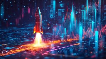 A futuristic rocket launches surrounded by glowing data and graphs, symbolizing growth and technological progress in a vibrant digital landscape photo