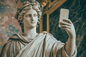 Antique stone statue humorously takes a selfie with a smartphone in an ornate vintage art setting photo