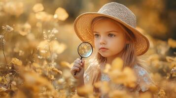 A child explores nature with a magnifying glass among autumn flowers on a sunny day photo