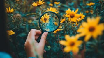 A child explores vibrant yellow flowers through a magnifying glass in a lush garden during a sunny afternoon photo