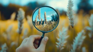 A child explores nature with a magnifying glass, focusing on tall grass and blue sky in a sunlit field photo