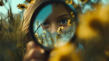 A child explores nature with a magnifying glass, captivated by flowers and vibrant colors in a sunlit field photo