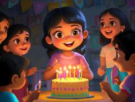 A joyful child celebrates her birthday with friends and family while admiring her colorful cake with candles in a festive setting photo