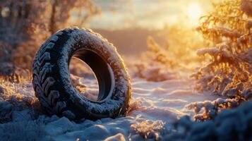 A snow-covered tire illuminated by the winter sun in a serene landscape near a forest at dawn photo