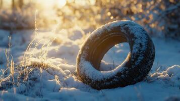 A snow-covered tire shines under the bright winter sun in a serene snowy landscape photo