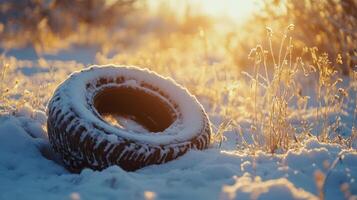 A solitary tire covered in snow glimmers in the sunlight on a cold winter day amid a serene landscape photo