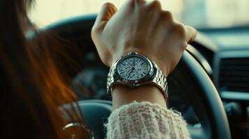 A woman drives a car while wearing a silver watch on her wrist in the late afternoon sunlight photo