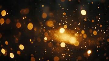 Shimmering golden particles create a dreamy bokeh effect for festive New Year celebration in a dark atmosphere photo