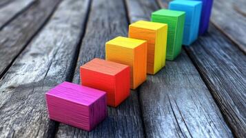 Colorful bar charts depicting steady business growth on a rustic wooden surface in a professional workspace setting photo